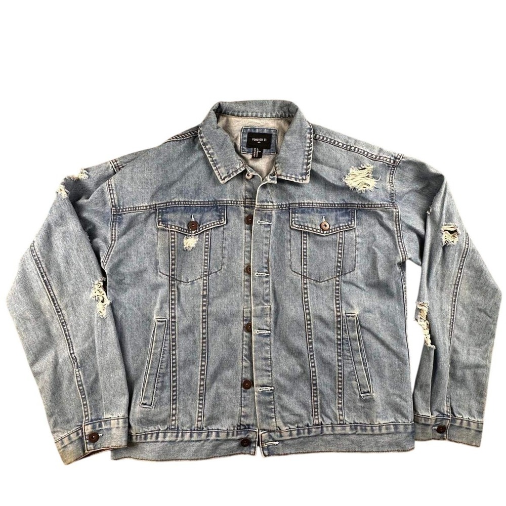 Forever 21 Jean Jacket Men XL Blue Distressed Denim Cotton Rips Streetwear‎